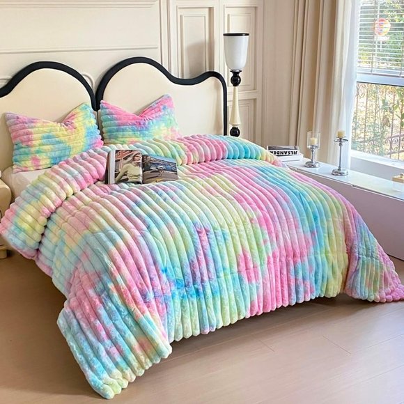 Soft Cotton Candy Faux Fur Bedding Bubblegum Comforter Shams Set Queen Size New - Picture 1 of 13